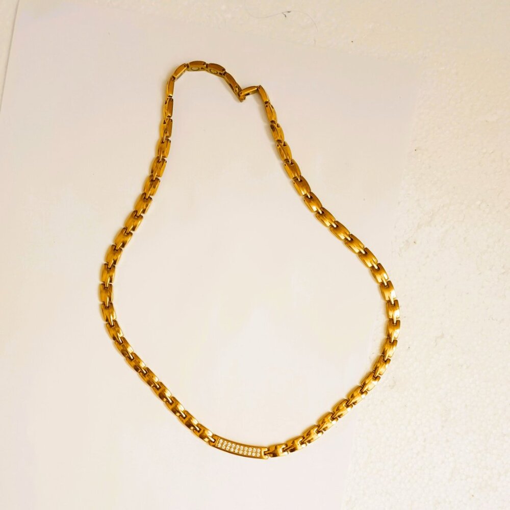 Titanium Channel Set Crystal Necklace 21" Gold Tone Magnetic Link Fall Jewelry